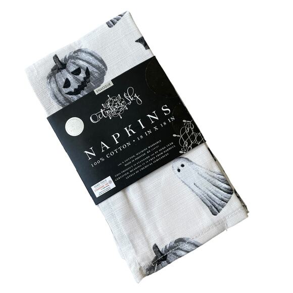 Halloween Ghost Pumpkin Cotton Napkins Set of 6 White Black Gray Spooky NEW - Picture 12 of 12